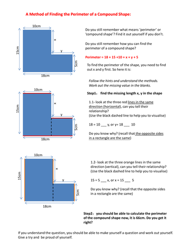 A scaffolding worksheet of finding the missing length & perimeter of a compound shape