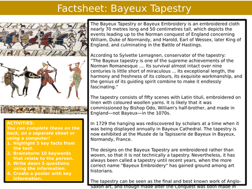 Bayeux Tapestry Factsheet Worksheet History KS3 Settler Starter Activity Cover Lesson