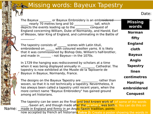 The Bayeux Tapestry Missing Words Cloze History KS3 Settler Starter Activity Cover Lesson