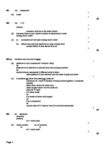 markscheme new synergy and trilogy atomic structure test grade 5-9