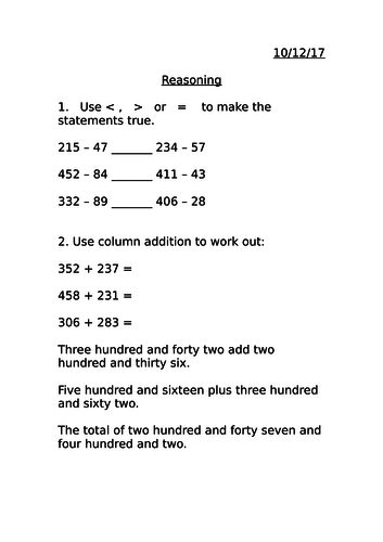 Reasoning addition and subtraction MASTERY