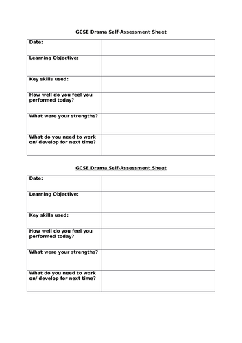 GCSE Drama Self-Assessment sheet