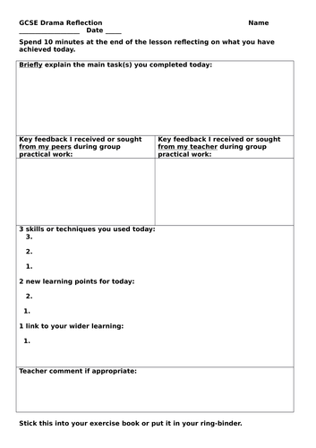 GCSE Drama Reflection Tracker