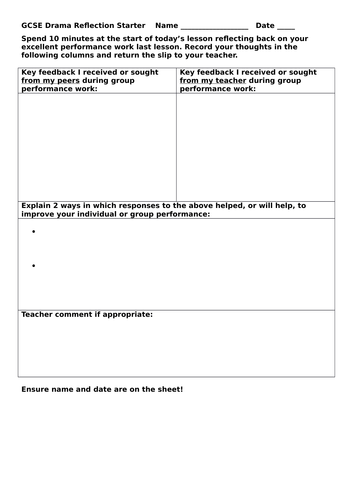 GCSE Drama Verbal Feedback Reflection sheet