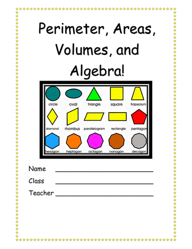 20 page Perimeter, Areas, Volumes, Algebra Booklet Primary-Higher Problem Solving + Solutions