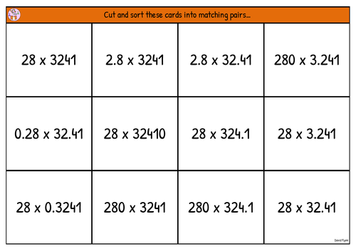 place value and multiplication card sort mastery