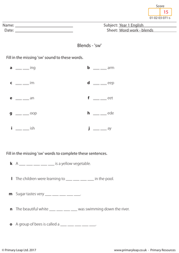 KS1 English resource: Blends - 'sw'