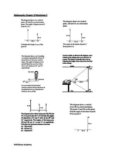 Angles of Elevation and Depression Worksheets (For advanced students)