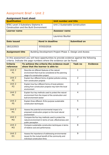 Level 3 Construction and the Built Environment Assignment Briefs