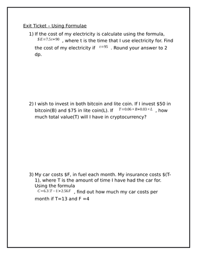 Exit Ticket - Using Formulae