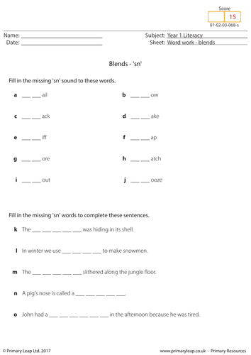 KS1 English resource: Blends - 'sn'