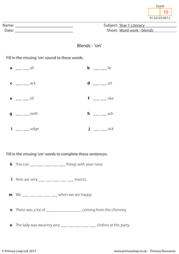 KS1 English resource: Blends - 'sm'