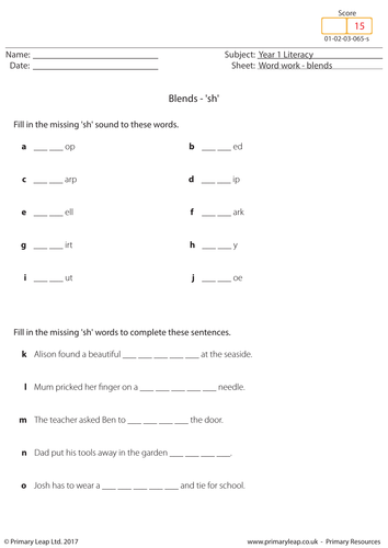 KS1 English worksheet: Blends 'sh'