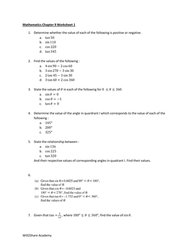 Trigonometry Rule,  Sine, Cosine and Tangent Graphs Worksheets (For advanced students)