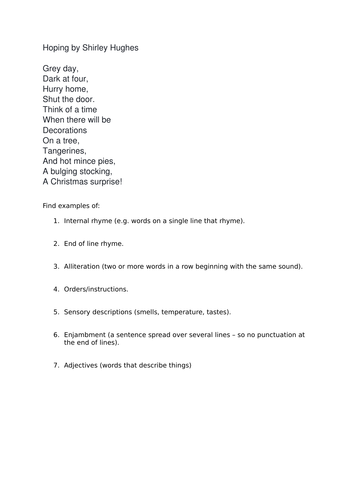 Christmas poetry analysis (Hoping by Shirley Hughes)