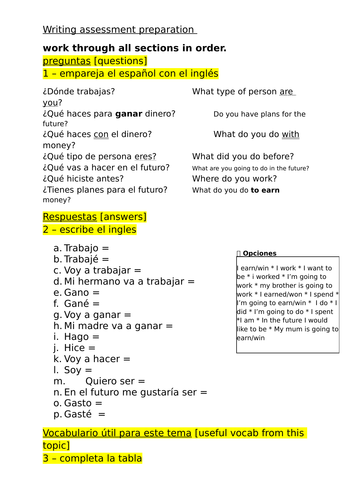 Spanish NEW GCSE - Revision - Writing assessment - Part time jobs