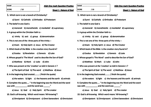 AQA RE One mark Question Starter sheets on Christian Beliefs and Practices.