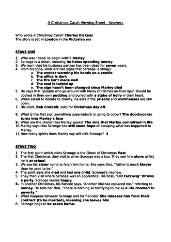 A Christmas Carol viewing support sheet