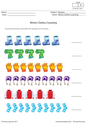 Counting Worksheet - Winter Clothes