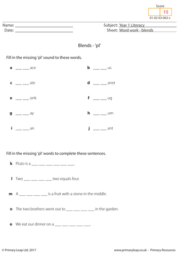 KS1 English Worksheet - Blends 'pl'