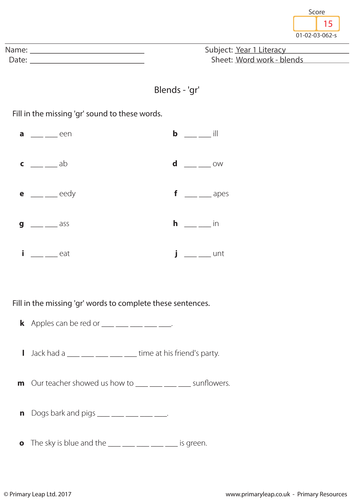 KS1 English Worksheet - Blends 'gr'