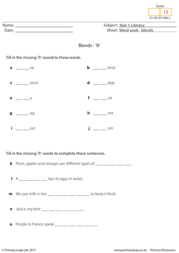 KS1 English Worksheet - Blends 'fr'