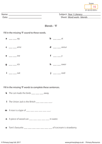 KS1 English Worksheet - Blends 'fl'