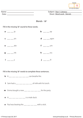 KS1 English Worksheet - Blends 'dr'