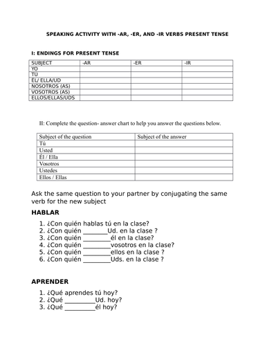 present tense regular verbs speaking activity