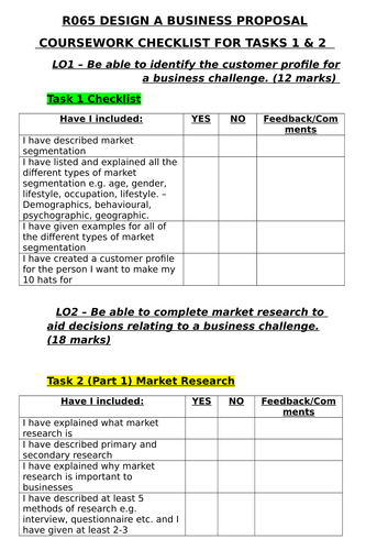 R065 Design a Business Proposal - LO1 & LO2 Student Checklist