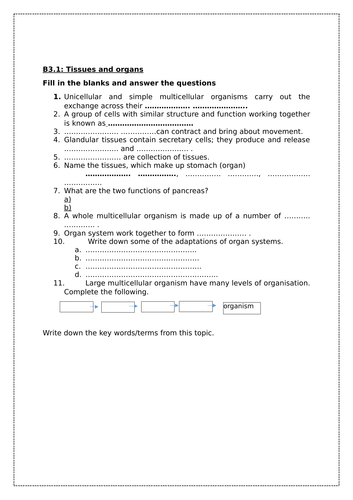 AQA GCSE Focused Reading work sheets with answers on Organistaion and the digestive system