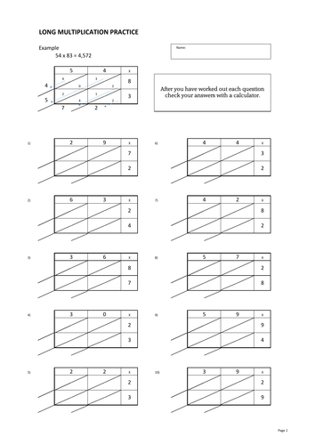 Long Multiplication practice worksheets chinese or lattice method