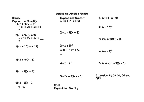 Differentiated Worksheet on Expanding Double Brackets