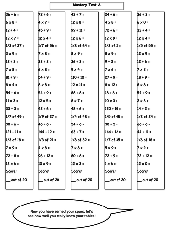 Quick Fire Tables tests with fractions and division