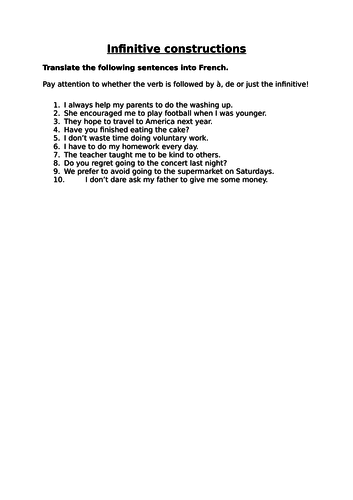 French infinitive constructions worksheet