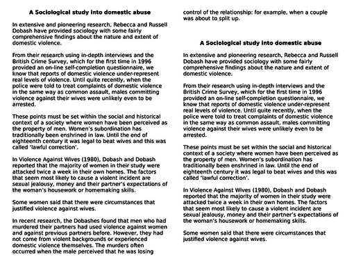 AQA AS Sociology- Families & Households: The Dark Side of the Family (Domestic Abuse)