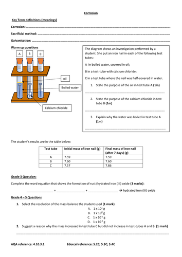 Topic 10 (AQA) chemistry GCSE triple new spec 2 worksheets (differentiated): corrosion
