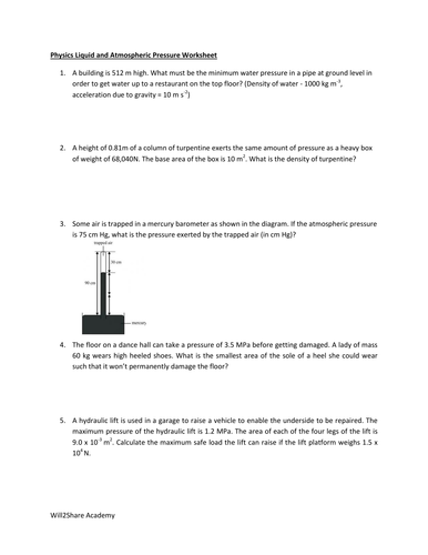 FREE : Liquid Pressure and Atmospheric Pressure Worksheet