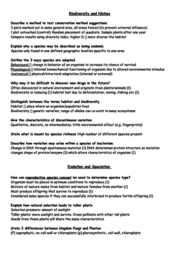 MODEL ANSWERS for Biology Edexcel A-level (SNAB), Topic 4 - Biodiversity