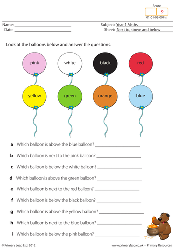 KS1 Maths - Next to, above and below