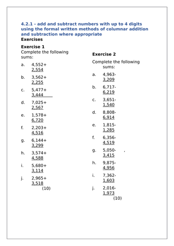 Addition and Subtraction Worksheets (Year 4) (Cover/Classwork/Homework/Extension)