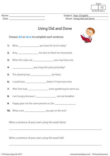 ks2 english worksheet using did and done teaching
