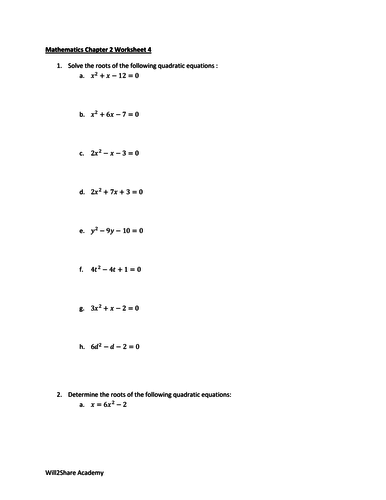Factorising and Determining Roots of Quadratic Equations Worksheets