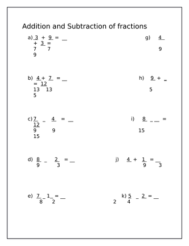 Fraction add and subtract worksheet