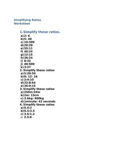 Ratio and proportion Worksheet