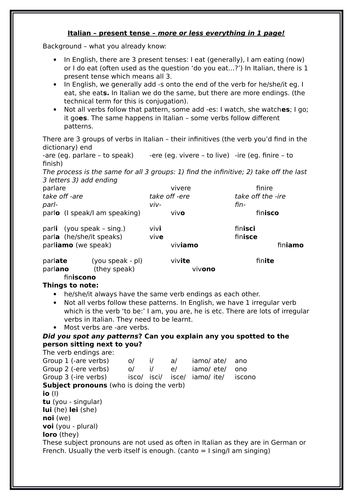 Italian - present tense in 1 page