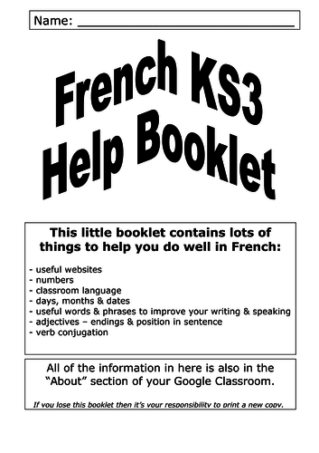 KS3 French help booklet - grammar, high frequency vocab, revision links