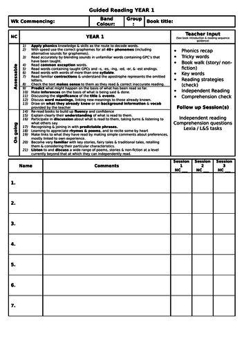 Guided Reading Record Year 1
