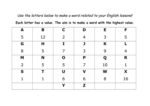 English Starter - Scrabble Grid