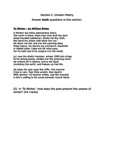 Two GCSE Literature AQA style Unseen Poetry mock exams- winter theme